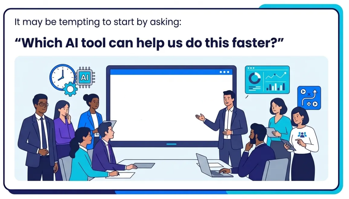 Illustration of a team discussing how AI tools can help them work faster.
